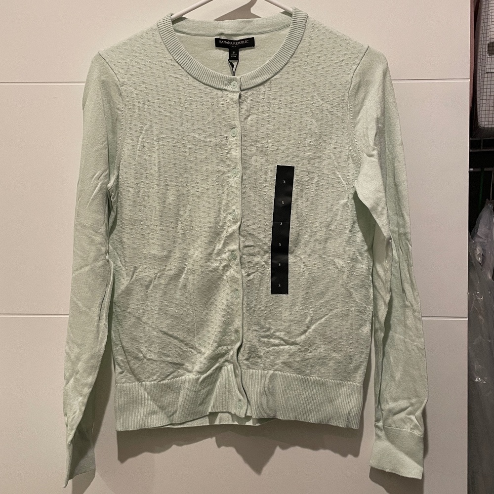 NEW BANANA REPUBLIC Forever Yarn Pastel Green Cardigan Button Pointelle S small